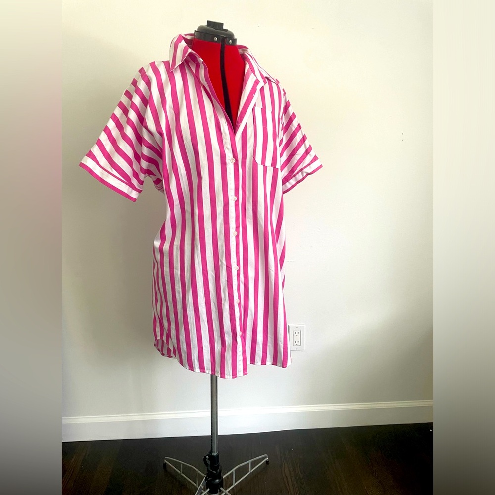 🌟 Pink and white striped shirt dress